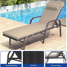 Patio Chaise Lounge Set 3 Pieces Pool Lounge Chairs,Cushioned Outdoor Folding Lounge Chair w/Arm and Rattan Adjustable Backrest for Poolside Porch,Folding Table Included,Sand