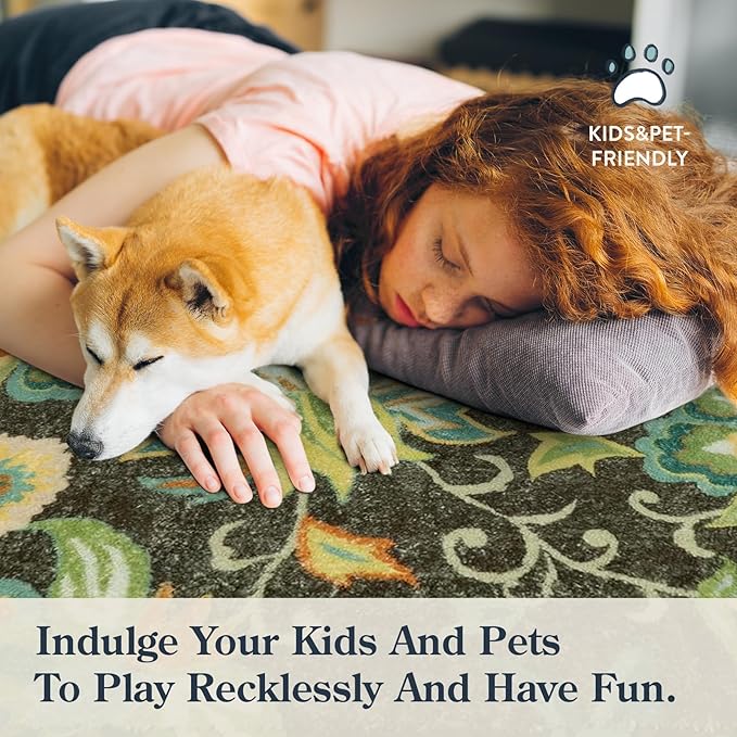 Lahome Machine Washable Floral Living Room Rugs - 5x7 Area Rugs for Bedroom Non-Slip Large Throw Kitchen Rug Soft Green Modern Dinning Room Rug Distressed Indoor Carpet for Entryway Office Room