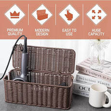 Cable Management Box, Handmade Rattan Cable Organizer, 2 Open Slots Cords Hider Box, Under Desk Cord Organizer for Computer Router USB Hub & Power Strip, Patent Pending, 13