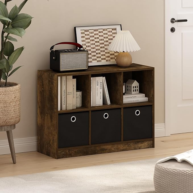 Furinno Basic Book Shelf, 6-Cube Bookshelf, 3 x 2 Bookcase with Storage Bins, 11.9 x 31.6 x 23.6, for Living Room, Bedroom, Home Office, Amber Pine