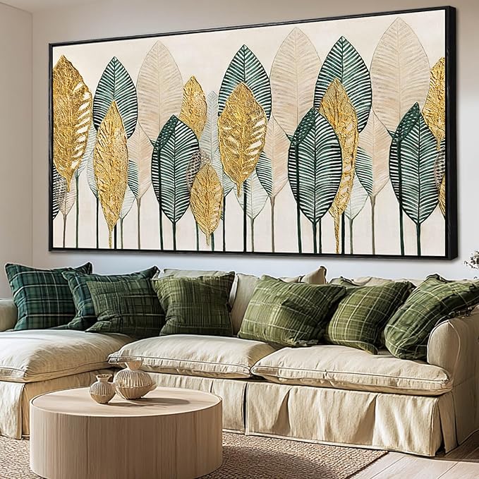 Contemporary Framed Wall Art Green and Gold Wall Decor Leaves Wall Prints Line Wall Posters 29"x58" Living Room Decorations Kitchen Art