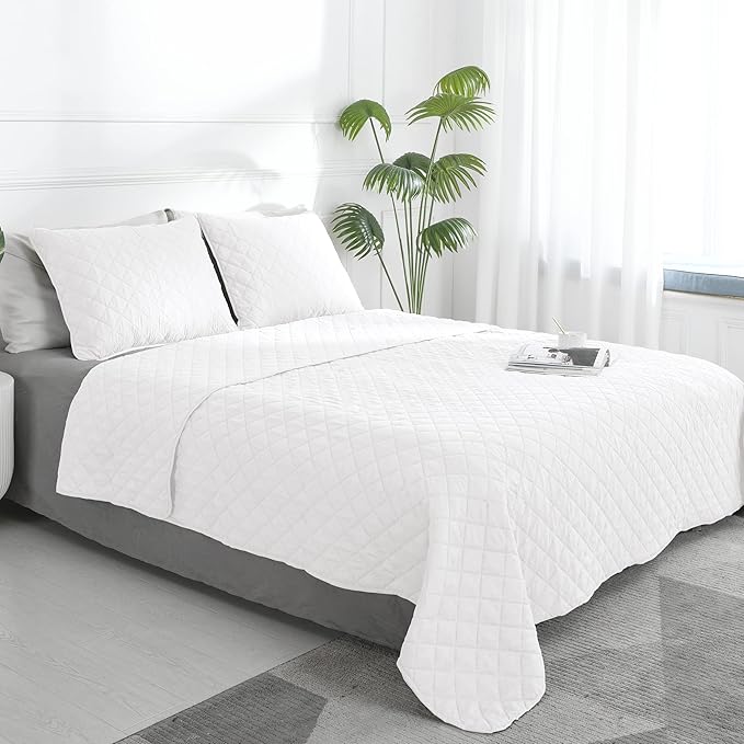 Easy-Going Full/Queen Size Reversible Quilt Set with 1 Quilt and 2 Pillow Shams, Soft Bed Quilt Cover, Water Resistant Lightweight Microfiber Bedspread, Stain Resistant, White/White