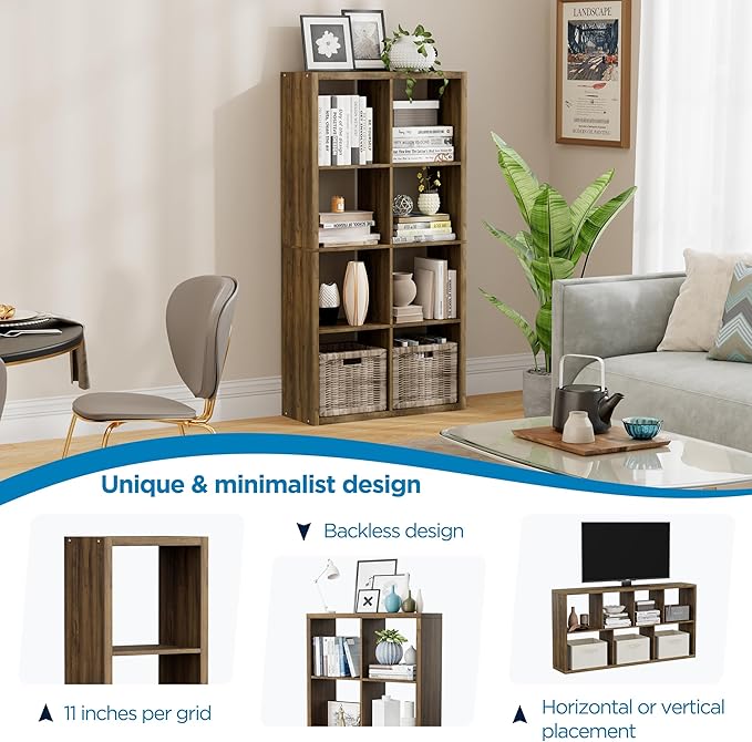 8 Cube Storage Organizer, Cube Shelf with Heavy-Duty Thick Boards, 25.12" L x 9.37" W x 48.74" H, Smooth Easy-Clean Panels, Simple Assembly, for Living Room Bedroom Office, Brown