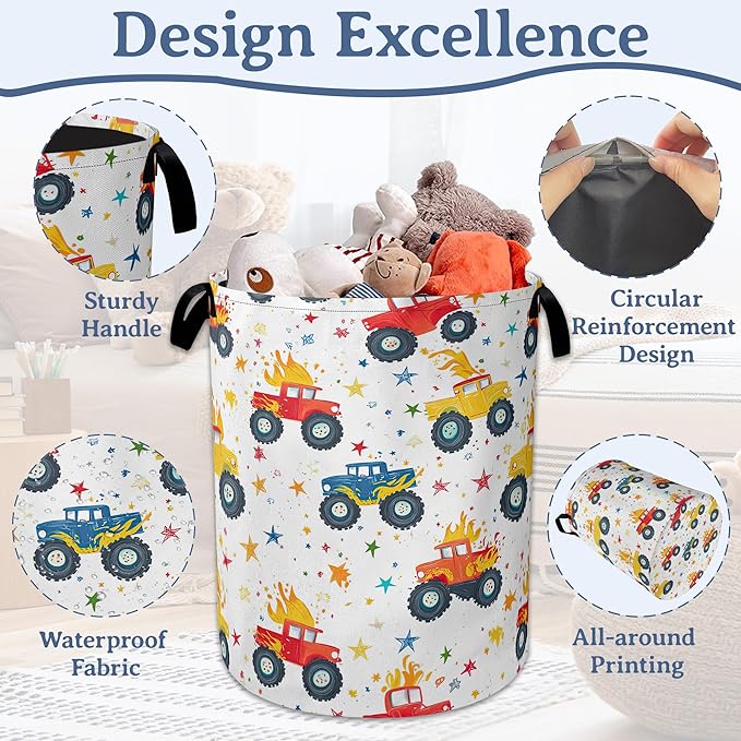 Cute Truck Laundry Basket,Foldable Oxford Cloth Laundry Hamper With Handle, 20.8"x16" Portable Clothes Storage Basket Bag for Laundry Room/Bathroom/Bedroom/Dormitories