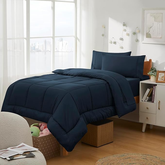 Dorm Room Essentials College Bedding Comforter Set 7 Piece Full Size Bed in a Bag for College Students Boys and Girls, Full, Navy Blue