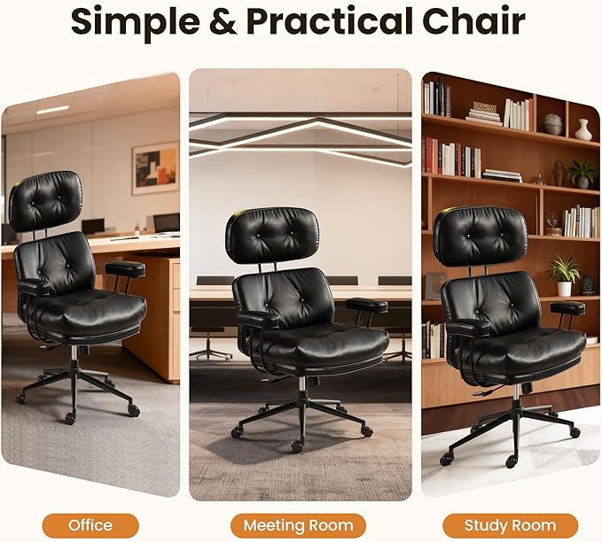 Mid-Century Modern Office Chair, Home Office Desk Chair with Adjustable Lumbar Support, Thickened Cushion Executive Desk Chair with 360 Rolling Swivel for Meeting Game Study Room(Black)