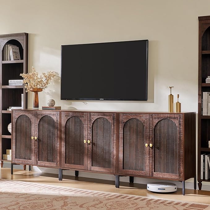 Bathroom Cabinet with Storage, 92.63" W Fluted Arched Free Standing Floor Cabinet w/Adjustable Shelves, Modern Sideboard Cabinet for Bathroom, Kitchen, Living Room, Entryway, Brown