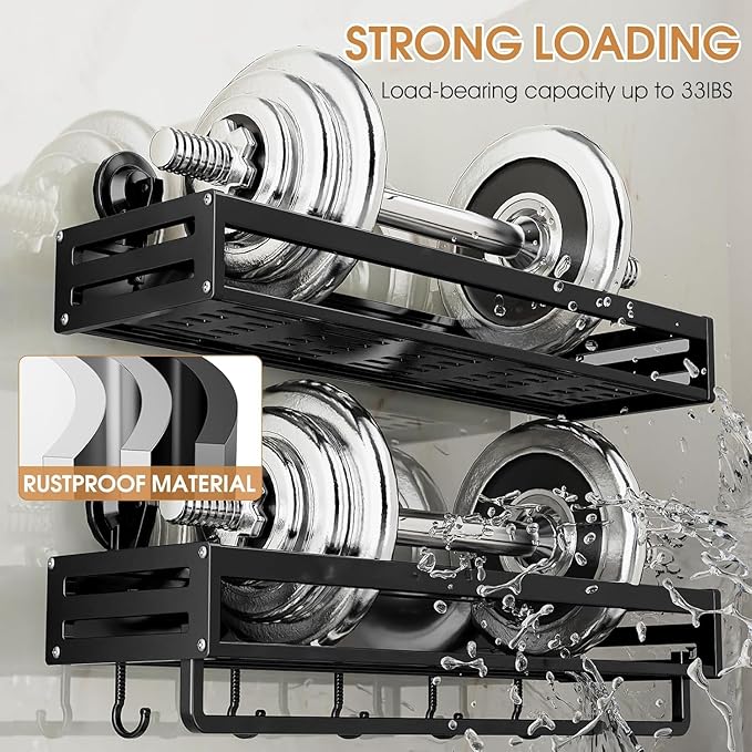 Shower Caddy Suction Cup, 11.8 inch Suction Shower Shelf with Hooks NO-Drilling Bathroom Holder, Rustproof Bathroom Organizer, Black