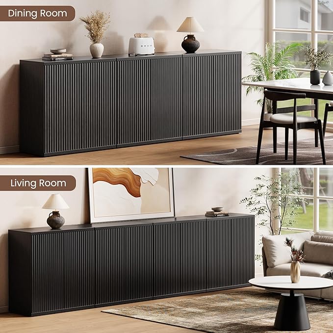 Fluted Buffet Cabinet Sideboard with Storage,Wooden Credenza with 2 Doors&Adjustable Shelve, Modern Accent Cabinets Coffee Bar Bookcase for Living Room,Kitchen Dining Room Entryway 15"D Black