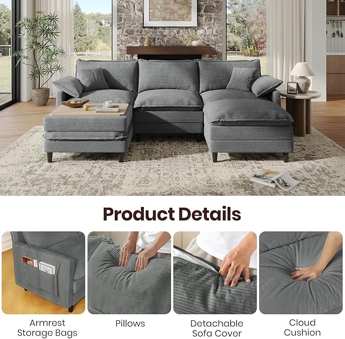 108" U Shaped Modular Sectional Cloud Couch with Two Ottoman, Snap-on Easy Installation 5-Piece Deep Seat Sofas with Storage Bag and Coffee Table for Living Room, Corduroy, Gray
