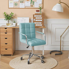 Furmax Mid-Back Office Task Chair Ribbed PU Leather Executive Chair Modern Adjustable Home Desk Retro Comfortable Work Chair 360 Degree Swivel with Arms (Light Blue)