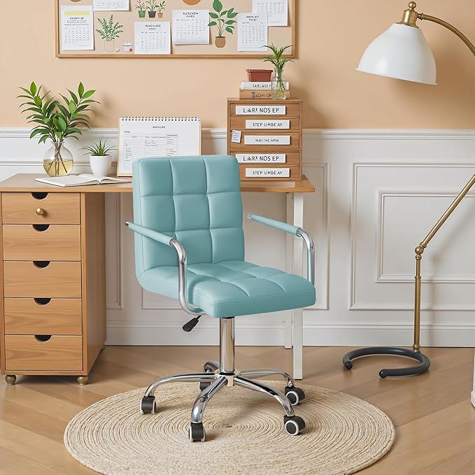 Furmax Mid-Back Office Task Chair Ribbed PU Leather Executive Chair Modern Adjustable Home Desk Retro Comfortable Work Chair 360 Degree Swivel with Arms (Light Blue)