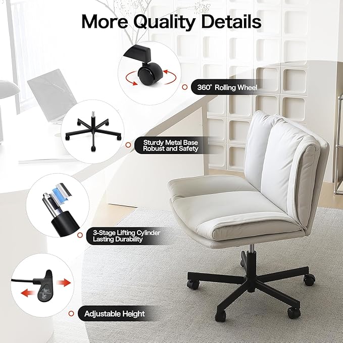 LEAGOO Criss Cross Chair with Wheels, Comfy Armless Desk Chairs with Tech Fabric, Wide Seat Cross Legged Office Chair, Height Adjustable Swivel Computer Task Chairs for Home Office, Bedroom, Make up