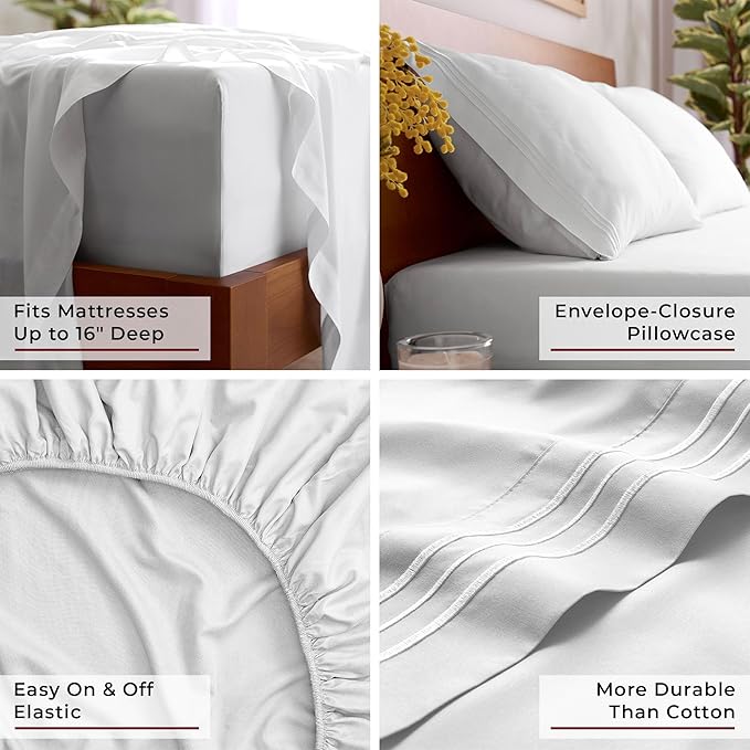 Mellanni Queen Sheet Set - 6-Piece Iconic Collection Bedding, (Including 4 Pillowcases), 16-Inch Deep Pocket, Easy Care, Extra Soft, Cooling Sheets, Brushed Microfiber - White