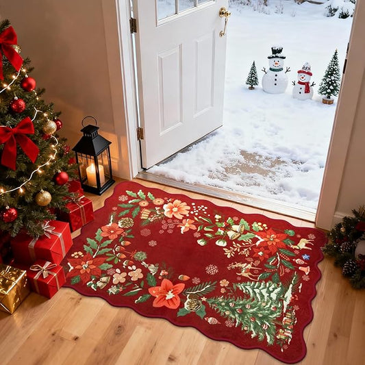 Lahome Floral Christmas Rug, 2x3 Kitchen Christmas Rugs for Entryway Ultra-Thin Washable Christmas Rugs Indoor, Red Door Mat Indoor Entrance Holiday Carpet for Entry Bedroom, Red