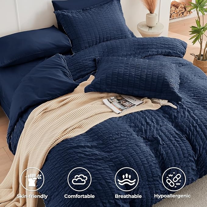 HYMOKEGE Navy Blue Twin XL Comforter Set Seersucker 5 Pieces, All Season Luxury Bed in a Bag for Bedroom, Bedding Set with Comforter, Sheets, Pillowcase & Sham