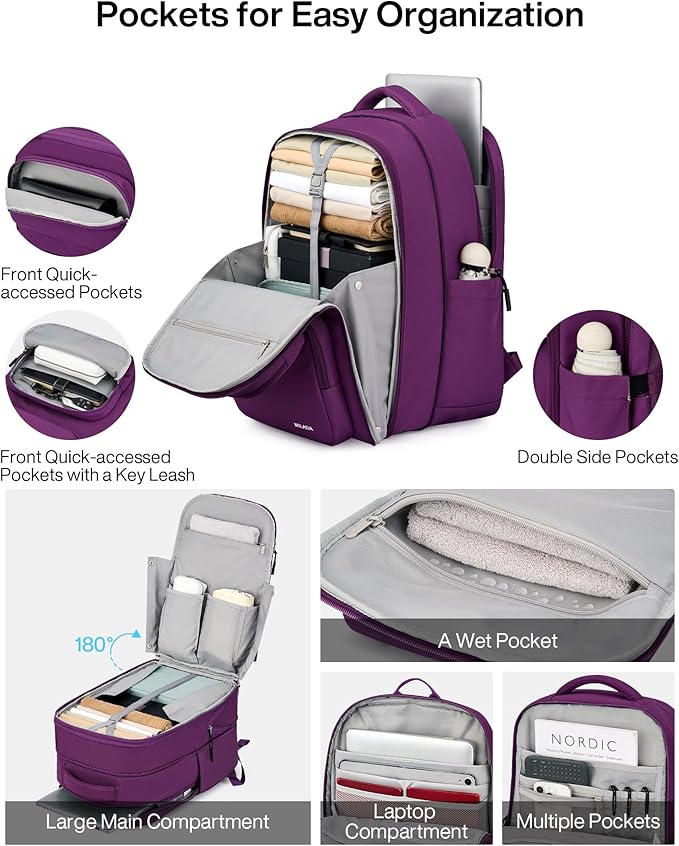 MILADA Expandable Travel Backpack 28L to 39L, TSA-Approved Carry On Backpack with 17 Inch Laptop Compartment, School Business Work Backpack for Men & Women, Purple