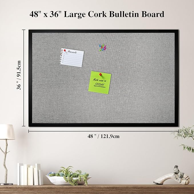 Bulletin Board 48 x 36 Inch 2 Pack, Cork Board for Walls, Wood Framed Bulletin Boards with Grey Canvas, Wall Mounted Corkboard for Office School Home Decorative