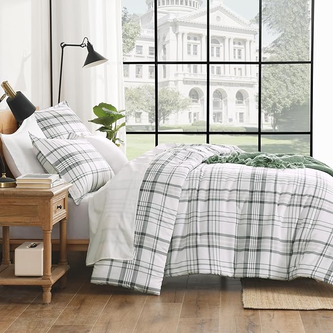 Andency Green White Plaid Comforter Set Twin(66x90 Inch), 2 Pieces Preppy Grid Gingham Stripes Bedding Comforter Sets for Boys Girls Kids, Green Line Soft Lightweight Geometric Reversible Bed Set