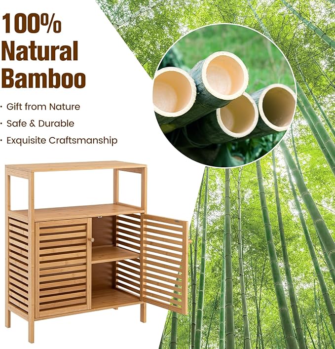 COSTWAY Bamboo Bathroom Cabinet, Freestanding Storage Cabinet Organizer with Louver Doors & Removable Shelf, Bathroom Floor Cabinet for Living Room, Kitchen, Entryway, Natural