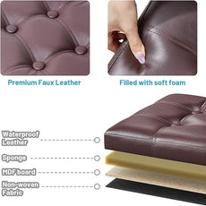 Storage Ottoman Foot Rest Stool, Small Leather Storage Ottomans Bench, Folding Footstool with Side Pockets, Foot Rest Under Desk for Living Room Bedroom, 16x12x12 in, Brown