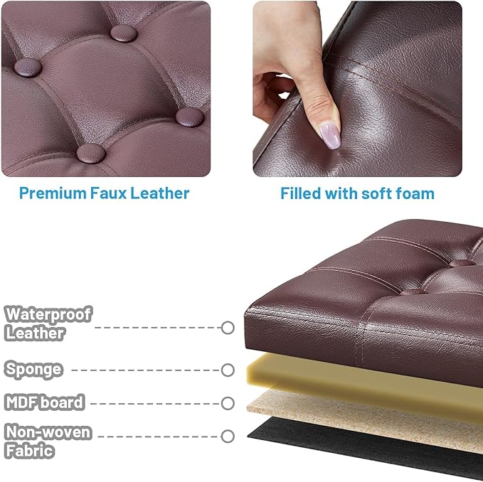 Storage Ottoman Foot Rest Stool, Small Leather Storage Ottomans Bench, Folding Footstool with Side Pockets, Foot Rest Under Desk for Living Room Bedroom, 16x12x12 in, Brown