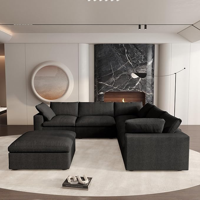 Cloud Couch Modular Sectional Sofa with Storage Ottoman,160.6" Down Filled 6 Seater Couch,V Shaped Oversized Convertible Sectional Sofa for Living Room,Covers Removable & Washable, Black