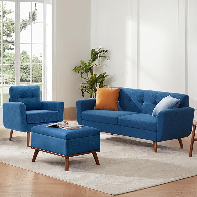 Tbfit Linen Fabric Single Sofa, Accent Chair, Mid Century Modern Armchair for Living Room, Bedroom Button Tufted Upholstered Comfy Reading Sofas, Blue