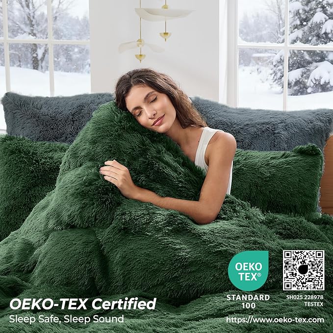 Sasttie 3-Piece Fluffy Duvet Cover Queen, Ultra Soft Faux Fur and Velvet Sage Comforter Cover, Luxury Fuzzy Bedding Sets for Winter Bed, Includes 1 Duvet Cover and 2 Pillowcases, No Comforter