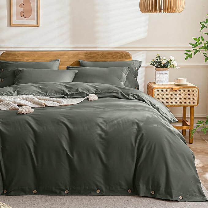 JELLYMONI Cotton Duvet Cover Full Size - Gray Comforter Cover with Button 100% Washed Cotton 3PCS Breathable Soft Solid Bedding Set Duvet Cover 80×90in & 2 Pillowcases (NO Comforter)