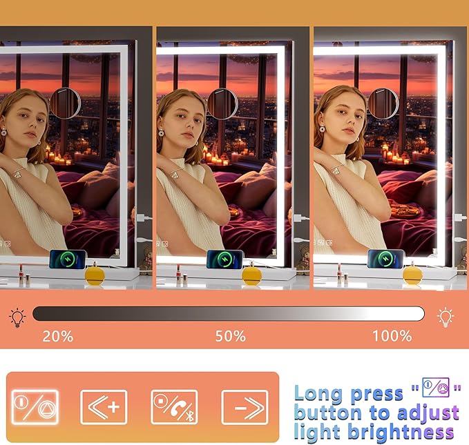 Hasipu Vanity Mirror with Lights and Bluetooth Speaker, 40" x 29.5" LED Makeup Mirror, Lighted Makeup Mirror with Dimmable 3 Modes, USB Charging Port, Square White