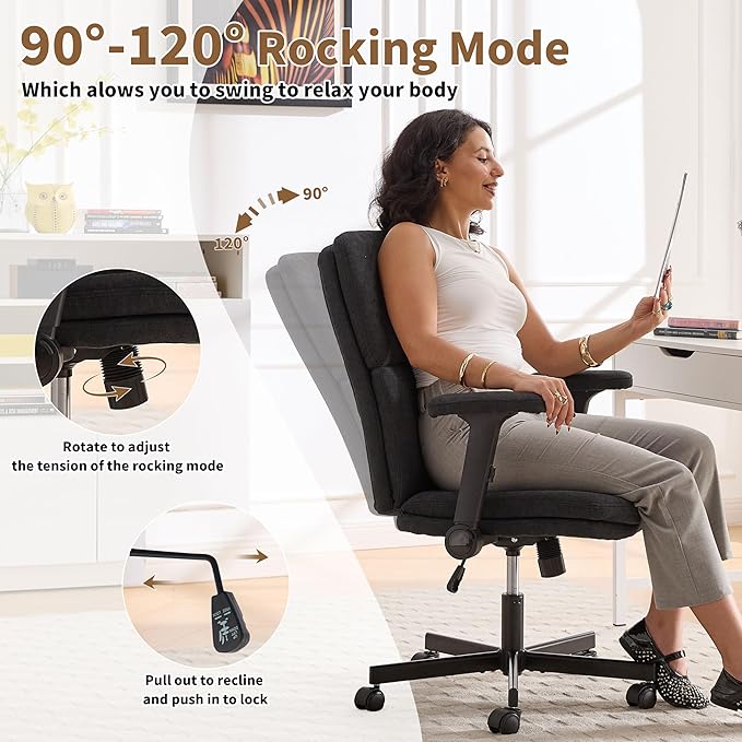 Office Chair Adjustable Desk Chair Mid Back Comfortable Linen Ergonomic Back Support Home Computer Chair with Padded 2D Flip-up Armrest Swivel Wheels (Navy Blue)