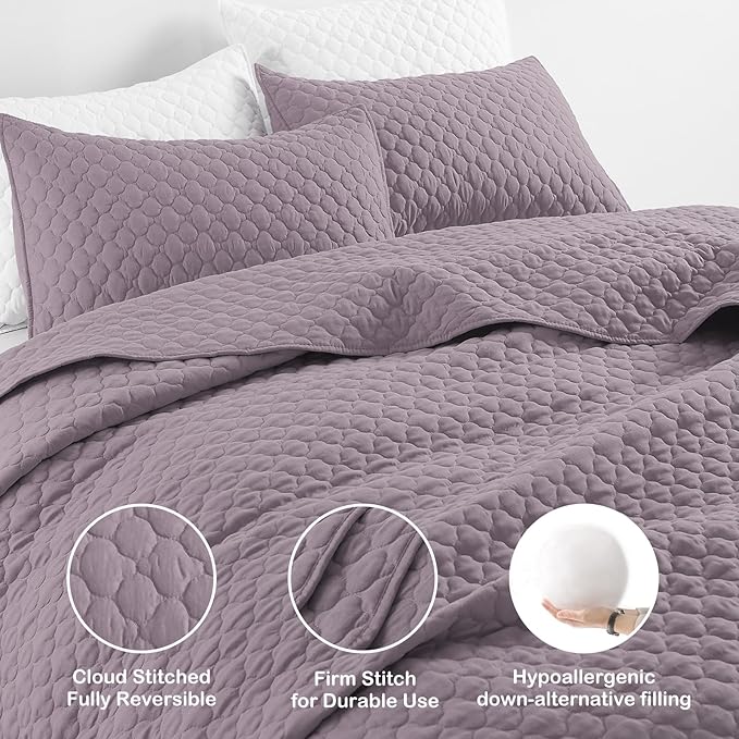 HORIMOTE HOME Quilt Queen Size Grayish Purple, Lightweight Quilts for Summer Ultra-Soft Microfiber Modern Style Quilted Clouds Pattern Bedspread Quit Set 3 Pieces(1 Quilt and 2 Pillow Shams)