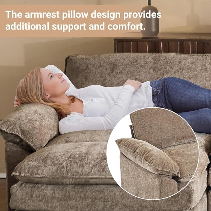 VINGLI Convertible Modular Sectional Sofa with Deep Seat & Movable 2-Layer Ottoman, L-shape Cloud Sofa with Chaise &Armrests, Oversized 3-Seater Couch for Living Room & Apartment, Chenille,Light-Brown