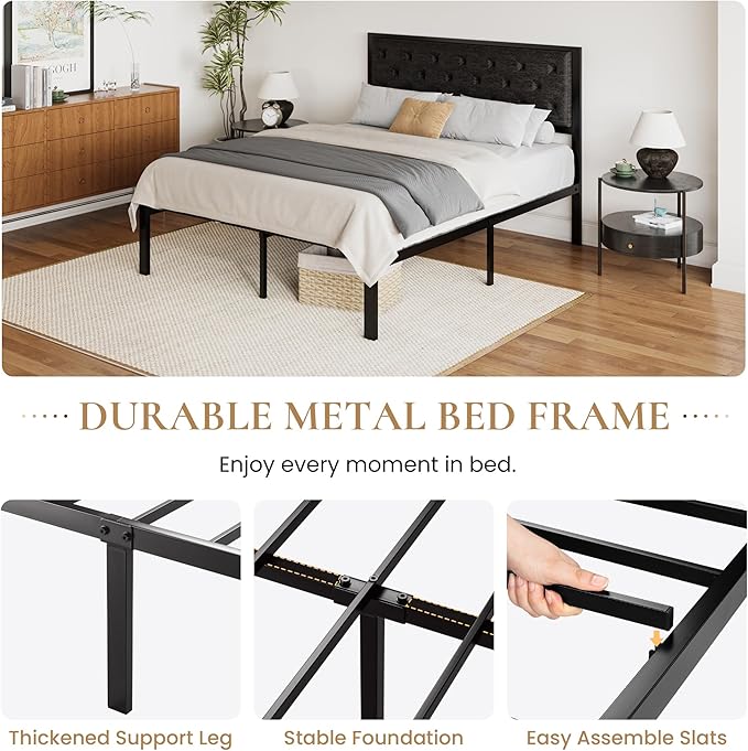 SHA CERLIN Queen Size Metal Platform Bed Frame, PU Leather Upholstered Button Tufted Headboard, Mattress Foundation with 12.4” Under-Bed Storage, Noise-Free, Easy Assembly, No Box Spring Needed, Black