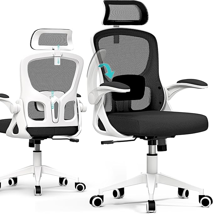 Ergonomic Office Chair - High Back Mesh Computer Desk Chair with Adjustable Lumbar Support & Headrest, Flip-Up Armrests, Tilt Function - Perfect for Gaming, Work, and Study -White