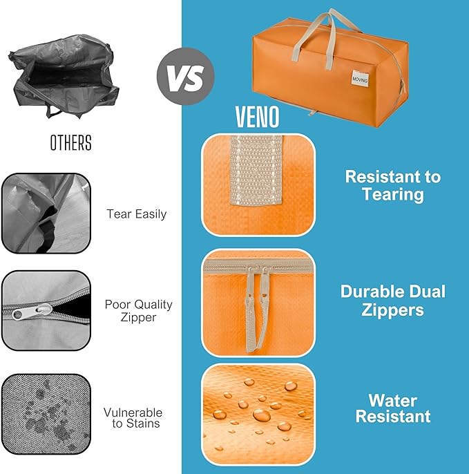 VENO 10 Pack Moving Bags w/Backpack Straps, Heavy Duty, Moving Boxes Alternative, Packing Supplies, Large Storage Totes for Dorm Room Essentials with Zipper (Seasonal Autumn Orange, 10 Pack)