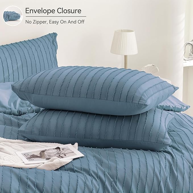 JELLYMONI Duvet Cover Queen Size Blue - 3PCS Boho Striped Duvet Cover Set Polyester Tufted Bohemian Textured Comforter Cover with Corner Ties & Zipper Closure