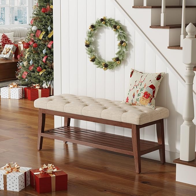 LEILISI Entryway Shoe Bench with Storage, End of Bed Bench, Linen Upholstered Button-Tufted Seat Bench with Solid Wood Frame for Living Room, Bedroom (Beige, 43.3'')