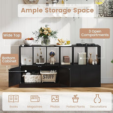 GOFLAME 3 Cube Bookcase with Doors, 3-Tier Cubby Book Shelf with 3 Open Compartments, Cabinet, Wooden Small Display Shelf, Freestanding Cubic Storage Organizer for Living Room, Study (1,Black)