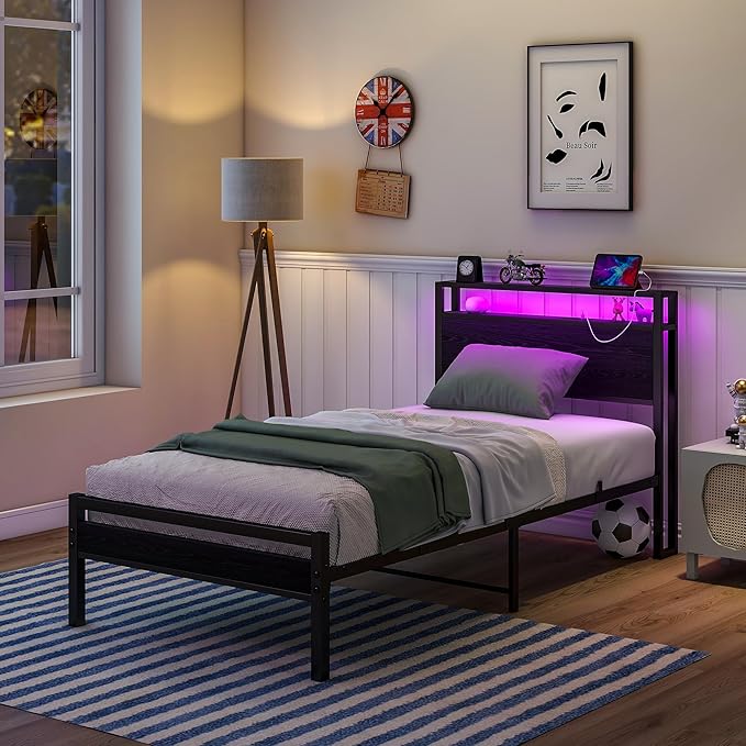 HOJINLINERO Twin Bed Frames with LED Light and Charging Station, Wood Storage Headboard with 2-Tier Shelves, Metal Platform Bed with Heavy Duty Slats Support, No Box Spring Needed, Black