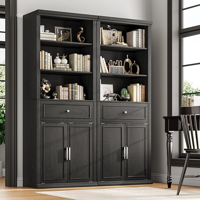 Rresyet Bookcase, 6 Tier Black Bookshelf 28" W Tall Minimalist Bookshelves with Storage Cabinet Suitable for Offices, Libraries, Living Rooms