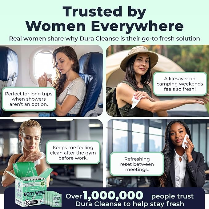 Dura Cleanse Travel Body Wipes - Sensitive Skin (Gentle Clean) - 20 Count, XL 10”x10” Individually Wrapped No-Rinse Shower Wipes for Women & Adults, Travel, Gym, Post-Workout & Elder Care