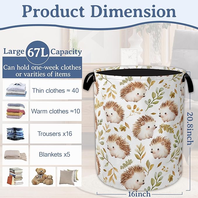 Cute Hedgehog Laundry Basket,Oxford Cloth Laundry Hamper With Handle Foldable Portable Clothes Storage Basket for Laundry Room/Bedroom/Bathroom 20.8"x16"