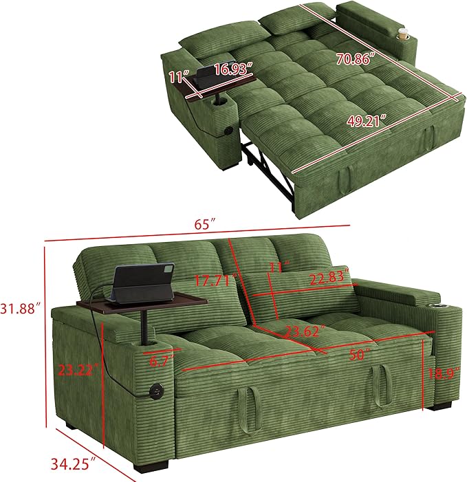 65" Sofa Bed, Loveseat 3-in-1 Sleeper Sofa with Pull Out Bed, 360° Swivel Side Table and USB, 2 Seater Convertible Small Couch for Living Room Apartment (Green, Corduroy)