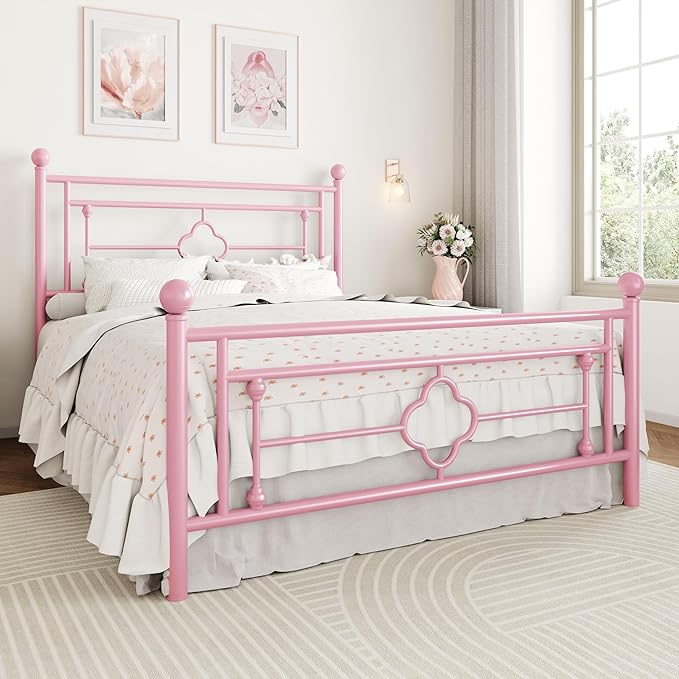 SHA CERLIN 14 Inches Full Size Metal Platform Bed Frame/Vintage Iron-Art Headboard and Footboard/Mattress Foundation for Storage/No Box Spring Needed/Noise-Free/Easy Assembly/Pink