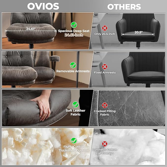 ovios Ergonomic Office Chair, High Back Faux Leather Executive Chairs with Thick Cushion, Comfy High-Century Modern Swivel Rolling Computer Armchair (Dark Grey, Suede Leather)