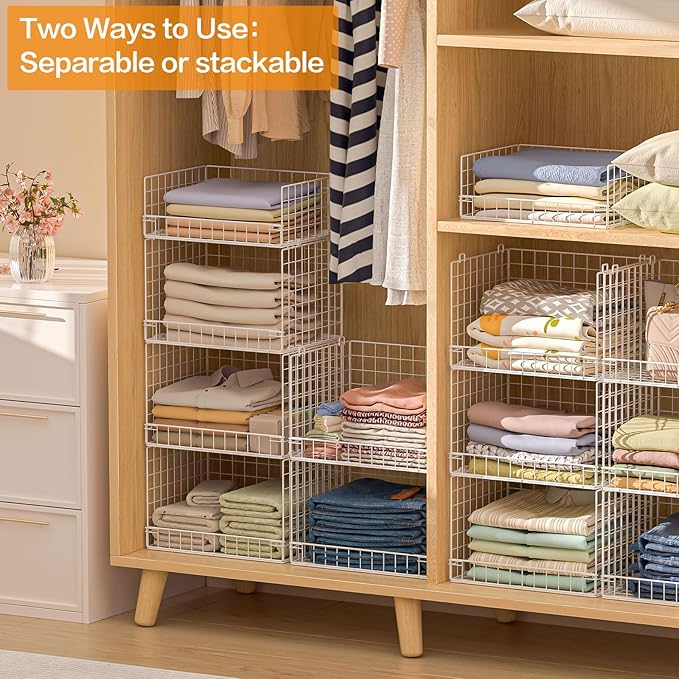 4 Tier Stackable Closet Organizers and Storage Shelves, Foldable Closet Shelf Organizer System, Stackable Storage Bins Drawers for Clothes Organizer System, White(Patent Pending)