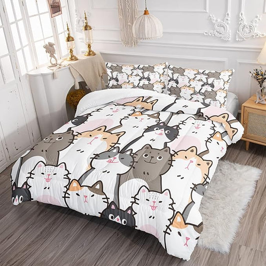 CVHOUSE Cat Bedding,Cartoon Cat Comforter Queen,Animals Print Comforter Set for Kids,Kawaii Quilt Set with 1 Comforter and 2 Pillow Cases