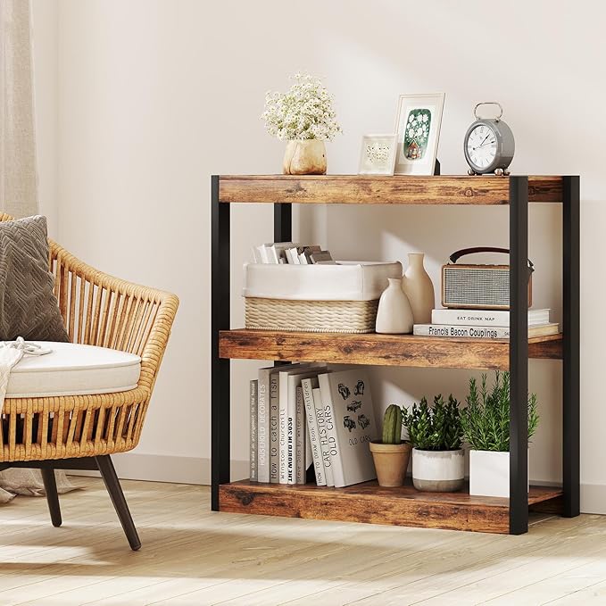 Giantex 3 Tier Bookshelves Set of 2, Freestanding Wooden Bookcase with Dual Anti-Tipping Kits, Open Display Rack Shelving Unit, Storage Organizer for Living Room, Bedroom & Study, Rustic Brown & Black